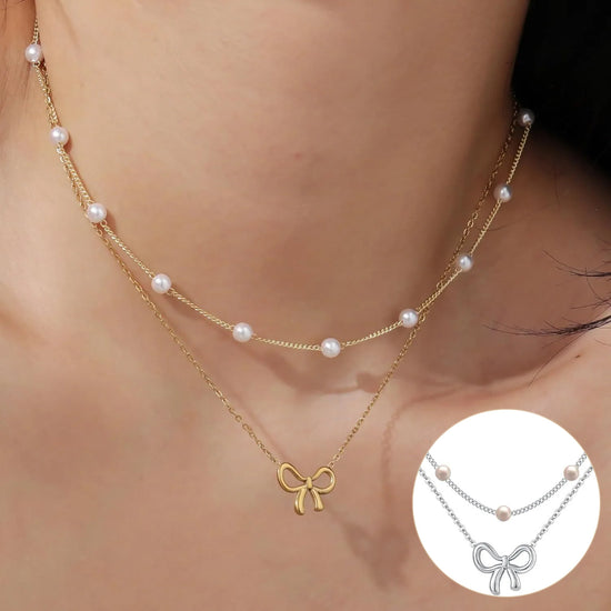 Simple Pearl Double Layer Choker Fashion Gold Color Necklaces Chain Small Bow Pendant Necklace Jewelry Gifts For Women Fashion Jewelry Valentine&
