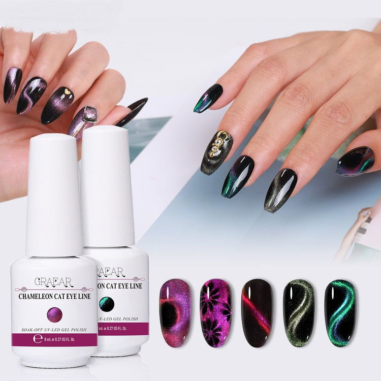 Chameleon cat eye gel polish showing color-shifting nail art on long nails with polish bottles