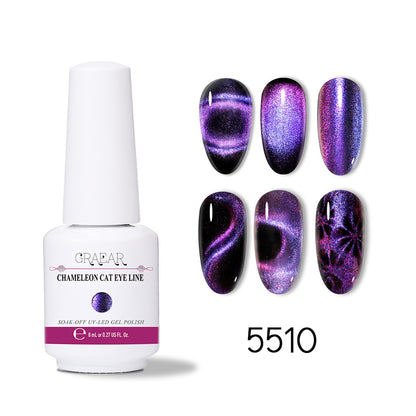 Chameleon cat eye gel polish bottle with six purple and black shimmery nail designs from itube store