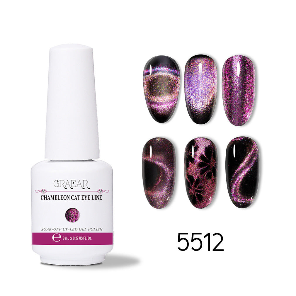 Chameleon cat eye gel polish bottle with six shiny purple cat eye nail designs from itube store