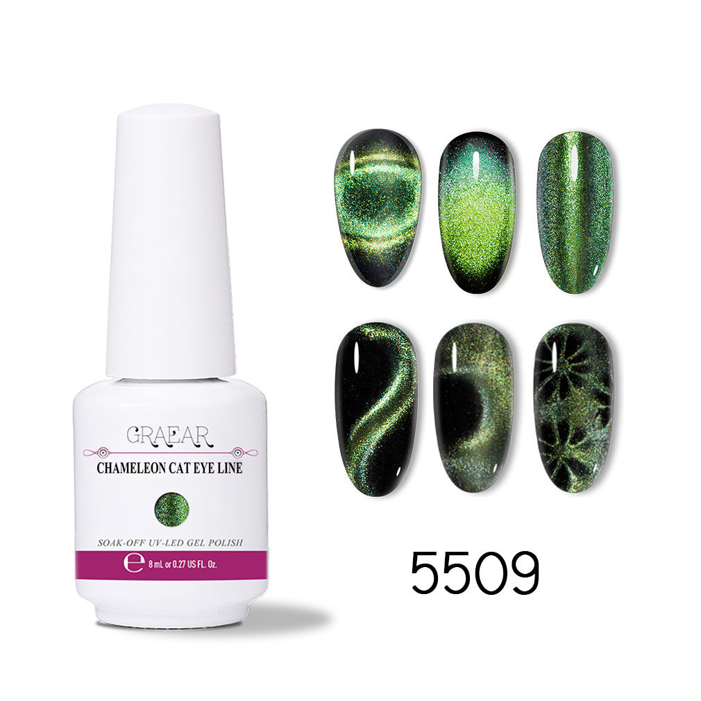 Chameleon cat eye gel polish bottle with six green holographic nail designs by itube store