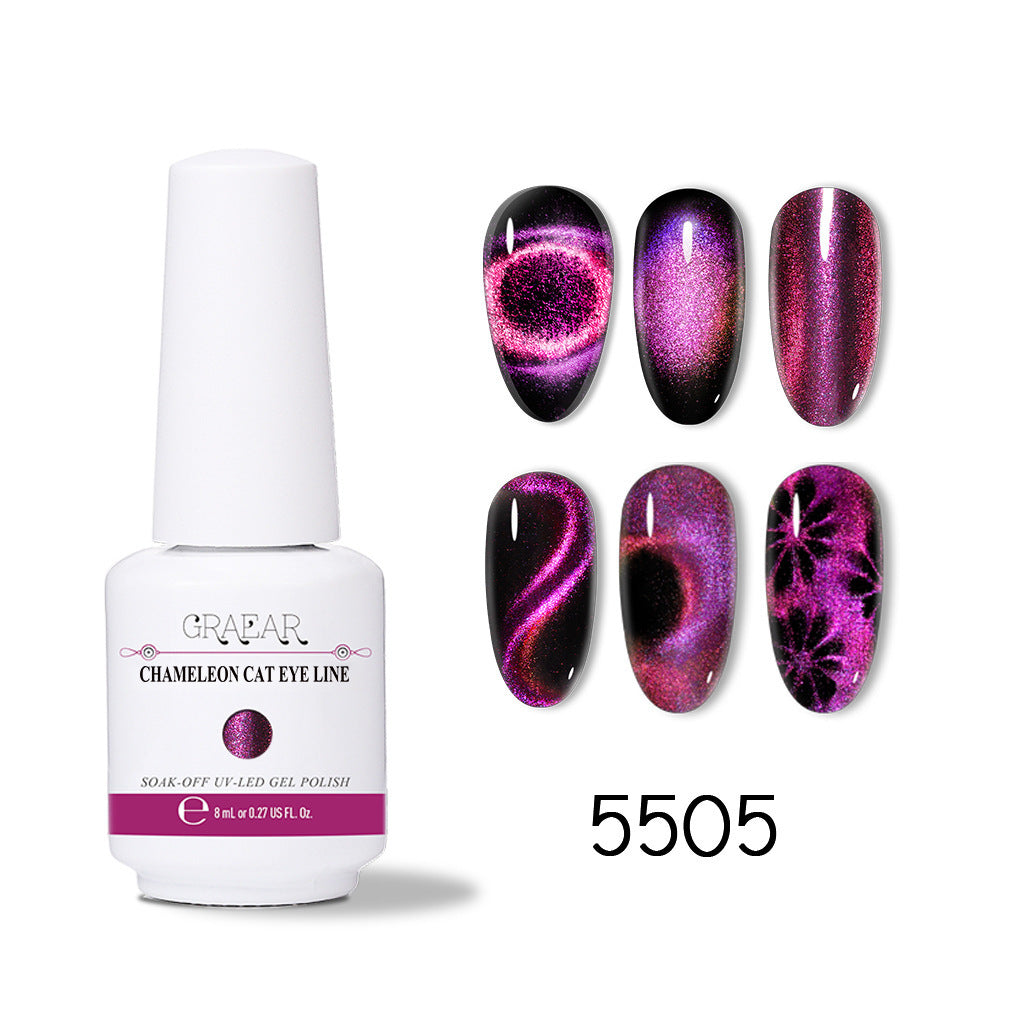 Chameleon cat eye gel polish bottle with six design examples in shimmering pink and purple shades