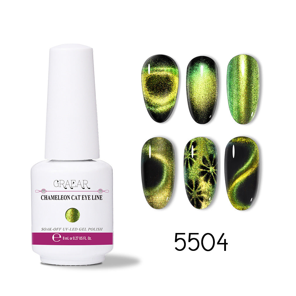 Chameleon cat eye gel polish bottle with six green and black cat eye gel nail designs from itube store