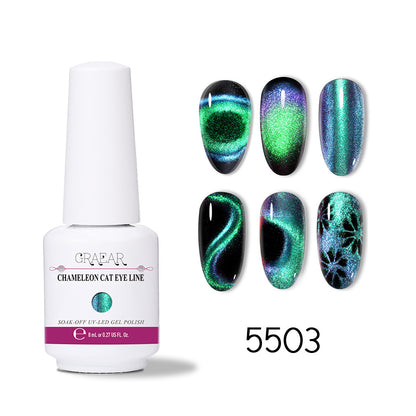 Chameleon cat eye gel polish bottle with six nail swatches showing green and blue shifting effects