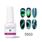 Chameleon cat eye gel polish bottle with six nail swatches showing green and blue shifting effects