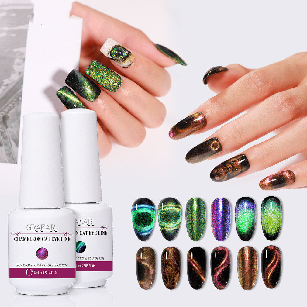 Chameleon cat eye gel polish collection with multiple color effects and nails painted in chameleon cat eye gel polish