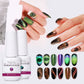 Chameleon cat eye gel polish collection with multiple color effects and nails painted in chameleon cat eye gel polish