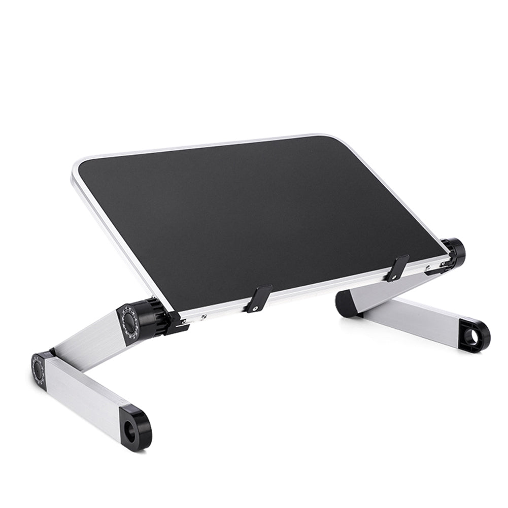 Ergonomic foldable laptop stand with adjustable height and angle for comfortable use on bed or sofa.