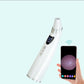 White electric blackhead remover with digital display showing suction levels and smartphone with skin magnification view