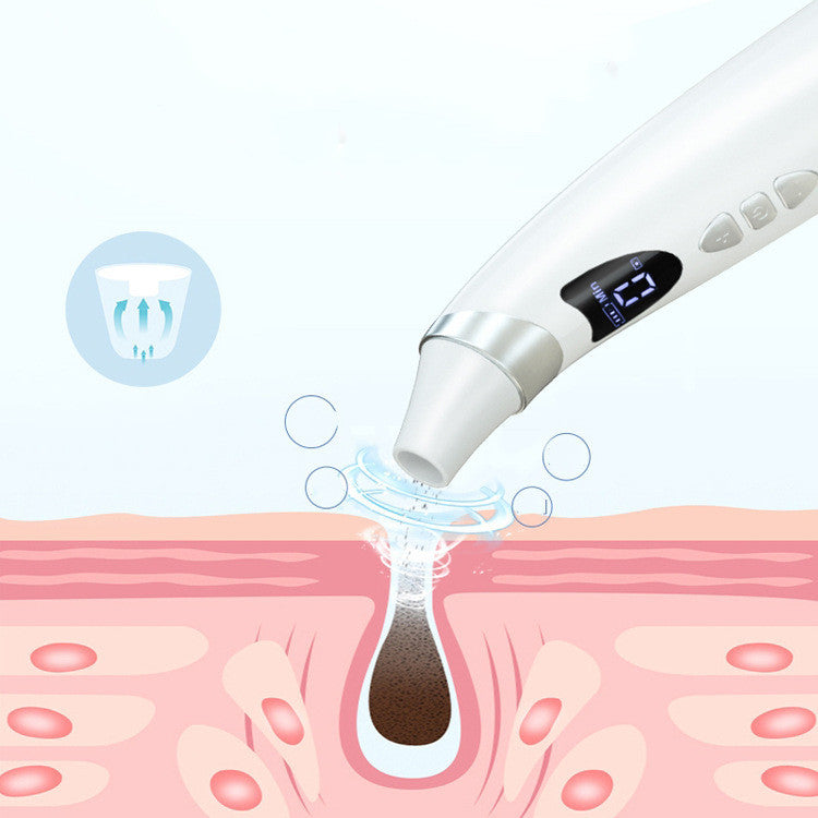 Electric blackhead remover in white with digital display suctioning blackhead from skin pore
