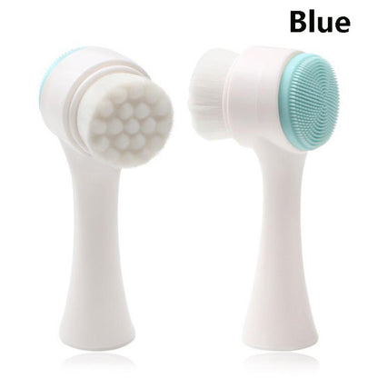 Blue face massage and washing brush with dual silicone and bristle heads for gentle skincare