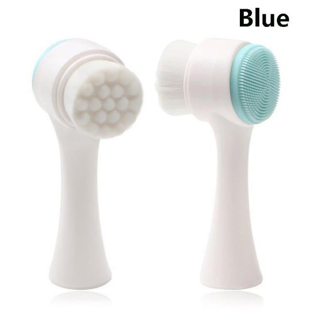Blue face massage and washing brush with dual silicone and bristle heads for gentle skincare