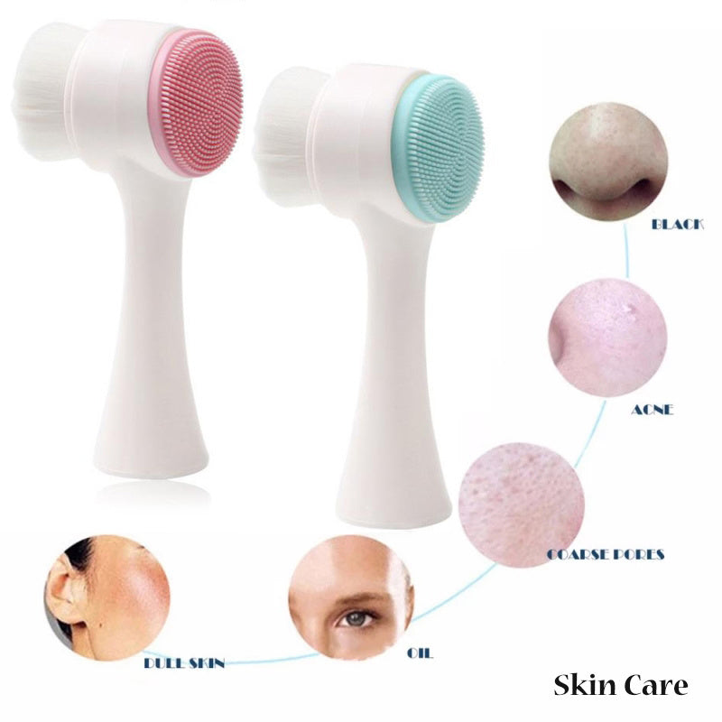 Face massage and washing brush with soft bristles in pink and blue for deep skin cleansing
