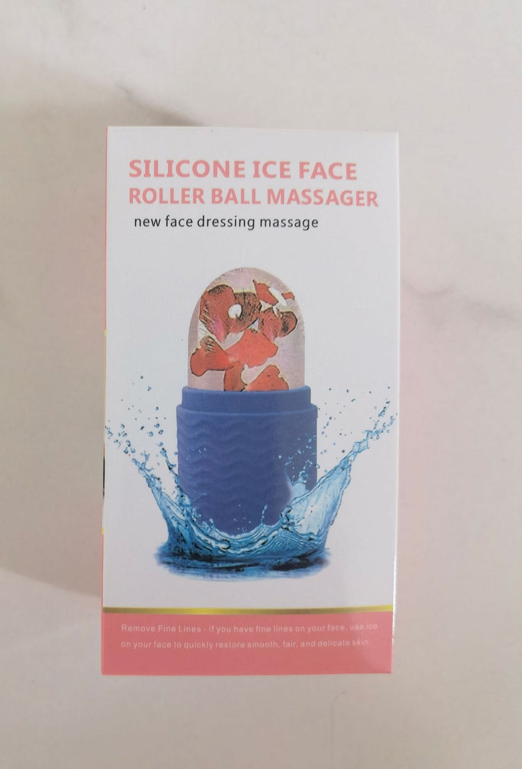 Silicone facial ice roller for skin care with blue handle and clear massage ball in packaging