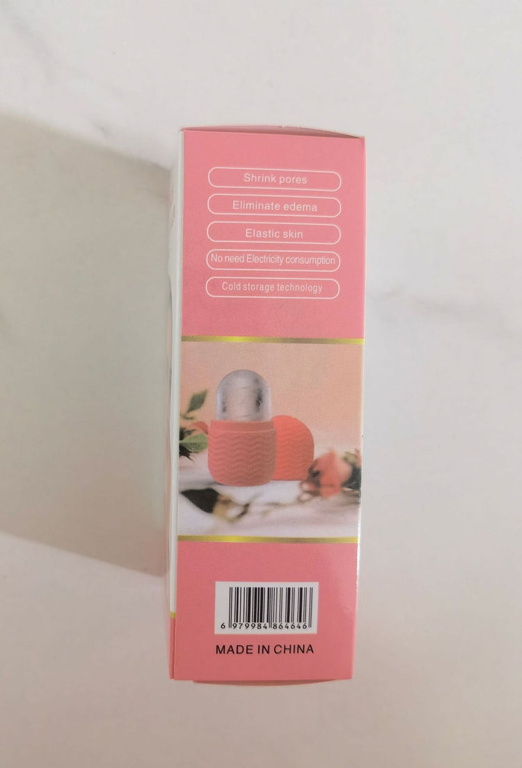 Facial ice roller for skin care in pink packaging showing product benefits and barcode
