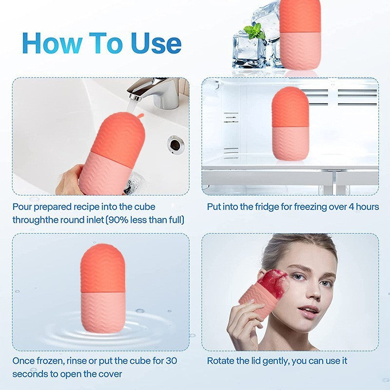 Instructions for using facial ice roller for skin care with freezing, rinsing, and applying steps