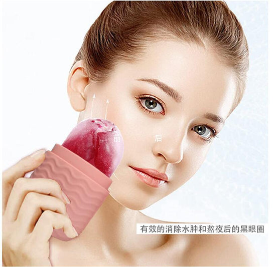 Woman using facial ice roller for skin care to reduce puffiness and refresh complexion