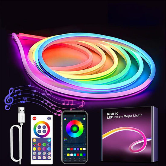 RGB LED strip lights for room with remote control and smartphone app for color customization
