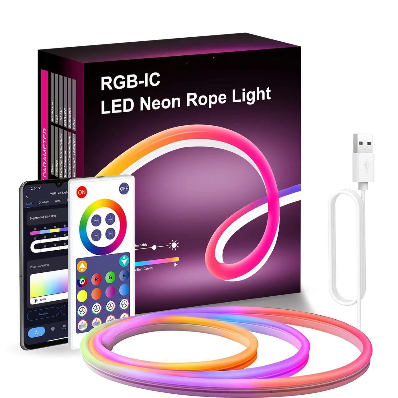 RGB LED strip lights for room with remote control and USB power cable for customizable neon lighting